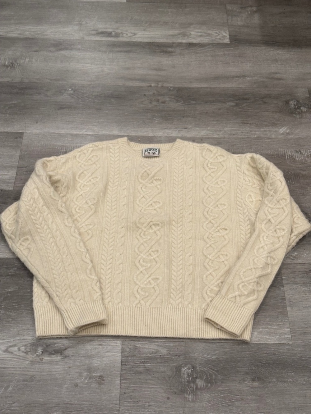 Elwood Antique Cable Knit Sweater Knitted Ivory Relaxed Long Sleeve Mens M